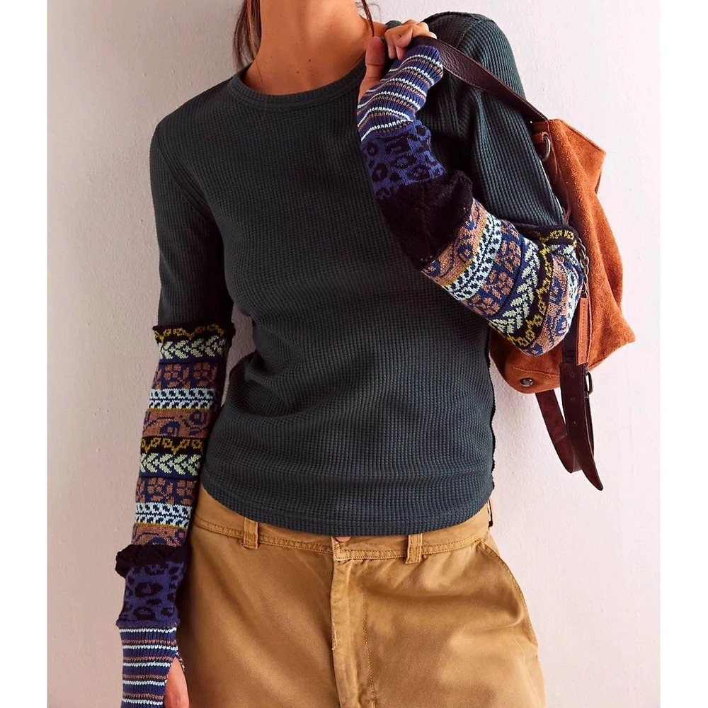 Free People All In The Cuff Thermal M Olive Fair Isle Sleeves
